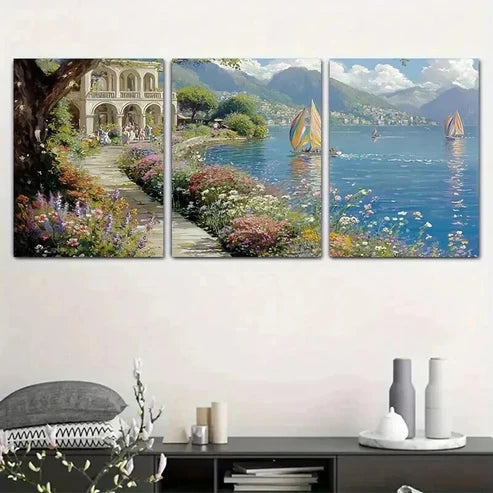 3pcs Coastal Scenery & Wildflowers Paintings  Wall Art Set Canvas Unframed - High Quality Print 100% Australian Made Wall Canvas - Bella Home Decor