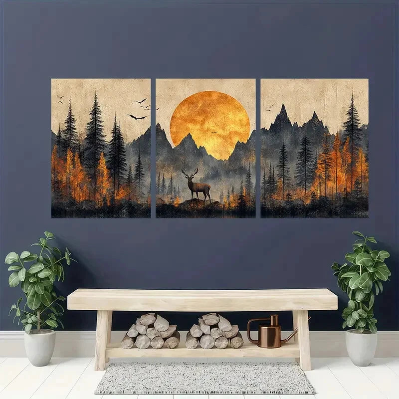 3pcs Rustic Nature Scene Deer Birds & Mountains Metal Print Ready to Hang Art - Bella Home Decor