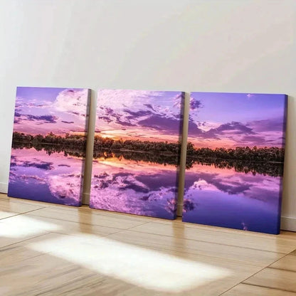 3pcs Purple Sky Lake and Mountain Scenery Wall Art Set Canvas Framed 50x70cm - High Quality Print 100% Australian Made Wall Canvas Ready to Hang
