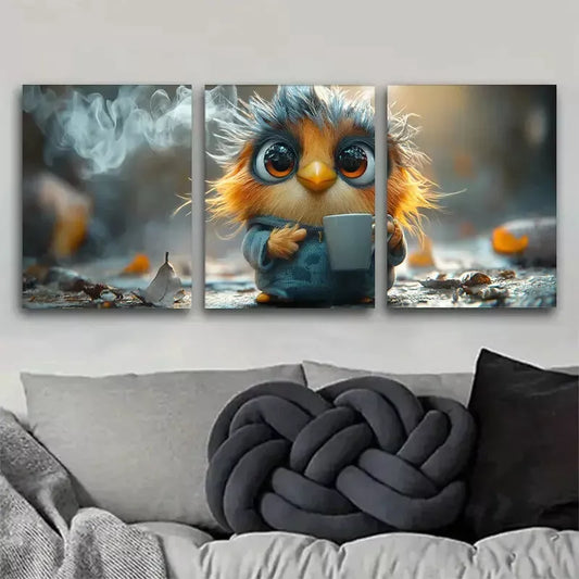 3pcs Cute and Playful Little Bird Holding Cup Wall Art Set Canvas Framed 50x70cm - High Quality Print 100% Australian Made Wall Canvas Ready to Hang