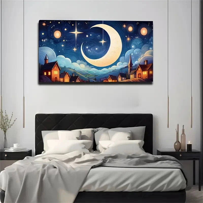 Curved Moon Secluded Village Wall Art Canvas Office Home Room Framed 120x60cm