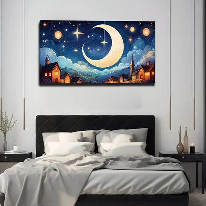 Curved Moon Secluded Village Wall Art Canvas Office Home Room Framed 120x60cm