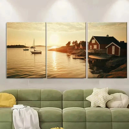 3pcs Sun Over The Archipelago Sea Wall Art Set Canvas Framed 40x60cm - High Quality Print 100% Australian Made Wall Canvas Ready to Hang