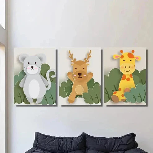 3pcs Mouse Deer Giraffe in Playful Forest Scene Wall Art Canvas Unframed – High Quality Print 100% Australian Made Wall Canvas