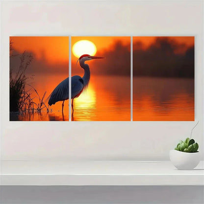 3pcs Bird on Reed Golden Sunset Metal Print Ready to Hang Art - Bella Home Decor