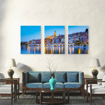 3pcs Mediterranean Village After Sunset Glow Wall Art Set Canvas Framed 50x70cm - High Quality Print 100% Australian Made Wall Canvas Ready to Hang