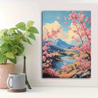 Beautiful Vibrant Pink Cherry Blossoms Painting 40x60cm Metal Print Ready to Hang