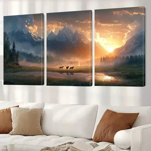 3pcs Aesthetic Running Horses and Sunset Art Set Canvas Unframed - High Quality Print 100% Australian Made Wall Canvas