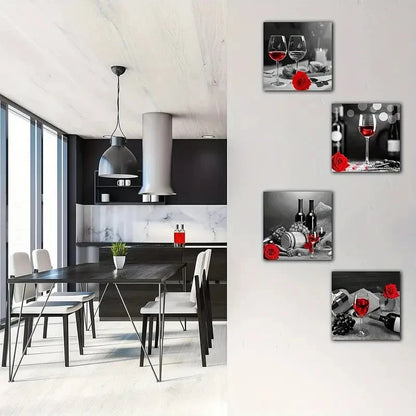4pcs  Featuring Red Wine, Black And White Modern Wall Art Canvas Framed