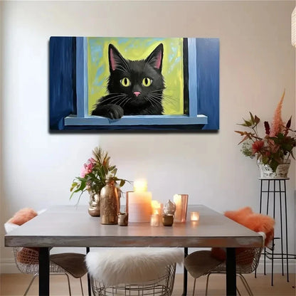 Black Cat On Balcony Yellow Wall Art Canvas Office Home Room Framed 120x60cm