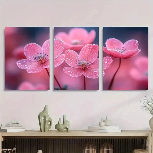 3pcs Elegant Pink Flowers On Dark Perfect Wall Art Set – Wall Art Canvas Unframed - High Quality Print 100% Australian Made Wall Canvas