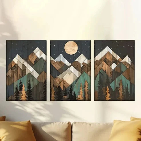 3pcs wooden mountains with pine trees Wall Art Canvas Unframed - High Quality Print 100% Australian Made Wall Canvas
