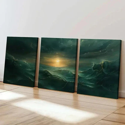 3pcs Mystical Golden Waves & Dark Clouds Wall Art Canvas Unframed - High Quality Print 100% Australian Made Wall Canvas