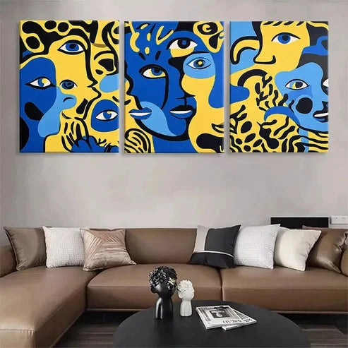 3pcs Abstract Expressionist Faces Blue Perfect Art Set Canvas Unframed - High Quality Print 100% Australian Made Wall Canvas - Bella Home Decor