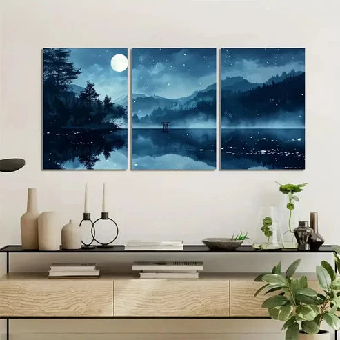 3pcs Moonlit Forest ,Tranquil Mountain Wall Art Set Canvas Unframed - High Quality Print 100% Australian Made Wall Canvas