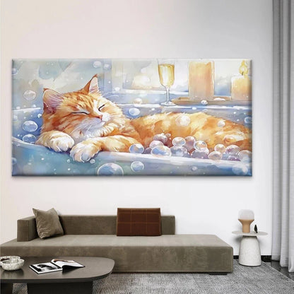 Tabby Cat in Bathtub Wall Art Canvas Office Home Room Framed 120x60cm