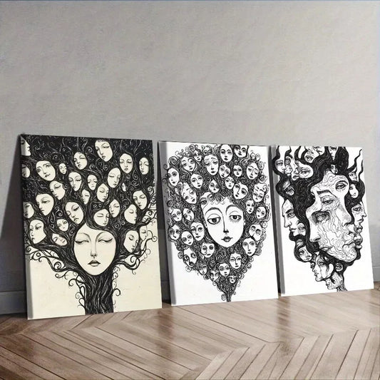 3pcs Lines Make Up On The Face Black And White Wall Art Set Canvas Framed 40x60cm - High Quality Print 100% Australian Made Wall Canvas Ready to Hang