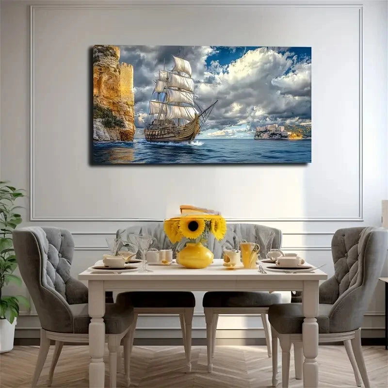 Opalescent Sails & Ocean Waves Wall Art Canvas Office Home Room Framed 120x60cm - Bella Home Decor