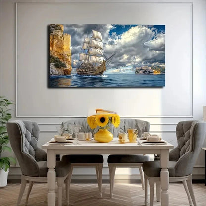 Opalescent Sails & Ocean Waves Wall Art Canvas Office Home Room Framed 120x60cm - Bella Home Decor