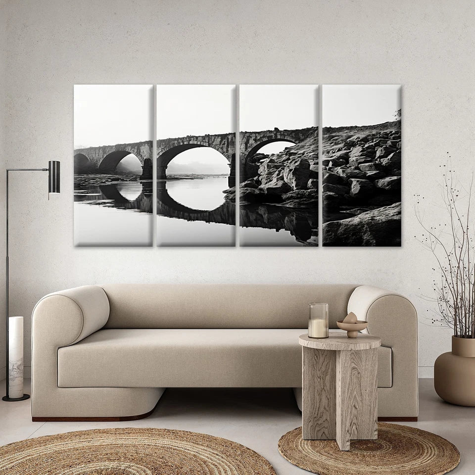 4pcs Black & White Stone Arch Bridge River Wall Art Canvas Framed 45x80cm - High Quality Print 100% Australian Made Wall Canvas Ready to Hang