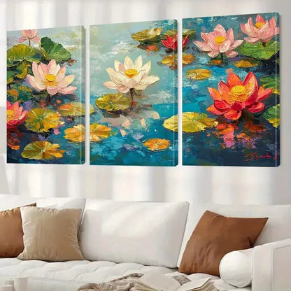 3pcs Decorative Lotus Flowers with Pink Petals  Art Set Canvas Unframed - High Quality Print 100% Australian Made Wall Canvas - Bella Home Decor