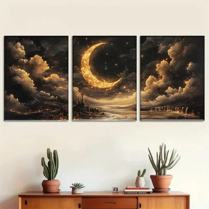 3pcs Mysterious Night Sky with Crescent Wall Art Canvas Unframed - High Quality Print 100% Australian Made Wall Canvas