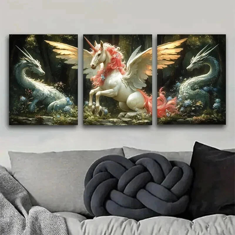 3pcs Unicorn with Wings and Dragons Perfect Wall Art Set Canvas Framed 60x90cm - High Quality Print 100% Australian Made Wall Canvas Ready to Hang - Bella Home Decor