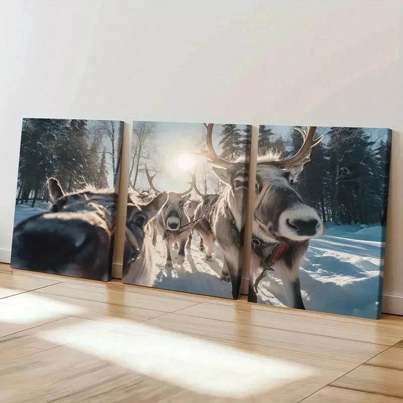 3pcs Sleigh Snow Scene Reindeer Animal Wall Art Set Canvas Framed 60x90cm - High Quality Print 100% Australian Made Wall Canvas Ready to Hang - Bella Home Decor