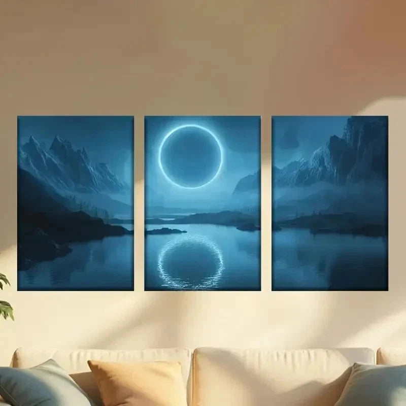 3pcs  Painting of a Moon Over a Lake Wall Art Set Canvas Framed 60x90cm - High Quality Print 100% Australian Made Wall Canvas Ready to Hang - Bella Home Decor