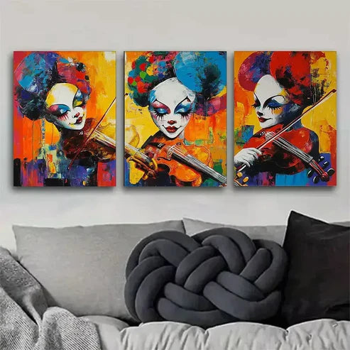 3 PCS Colorful Clown Violinist Artistic Atmosphere Wall Art Set Canvas Unframed - High Quality Print 100% Australian Made Wall Canvas - Bella Home Decor