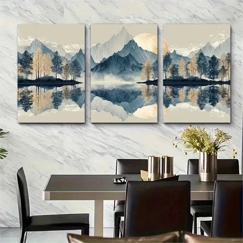 3pcs Vintage Abstract Mountain Lake Tree Perfect Wall Art Set Canvas Framed 50x70cm - High Quality Print 100% Australian Made Wall Canvas Ready to Hang