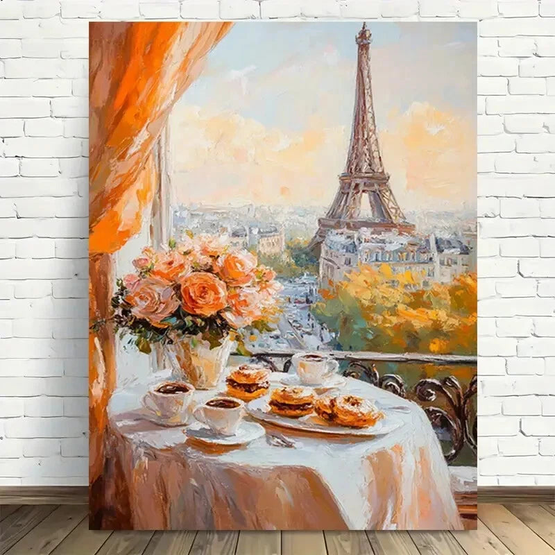 Beautiful Parisian Eiffel Tower Breakfast Painting 40x60cm Metal Print Ready to Hang - Bella Home Decor