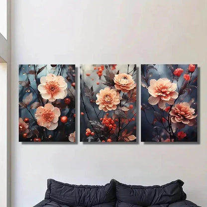 3pcs Pink Botanical Flowers and Berries Wall Art Canvas Unframed - High Quality Print 100% Australian Made Wall Canvas