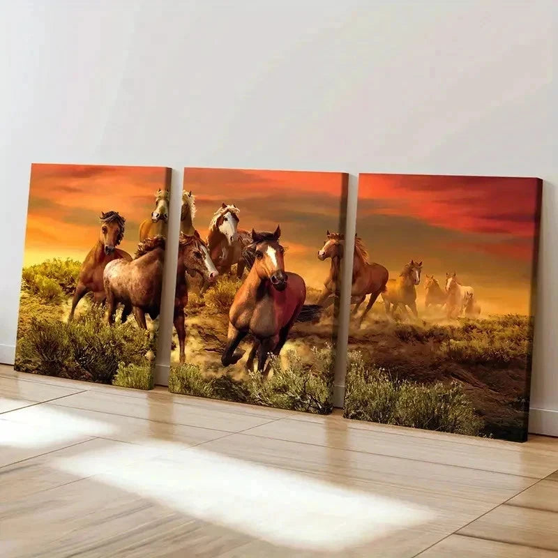 3pcs Horses Running At Sunset Grassland Wall Art Set Canvas Framed 60x90cm - High Quality Print 100% Australian Made Wall Canvas Ready to Hang