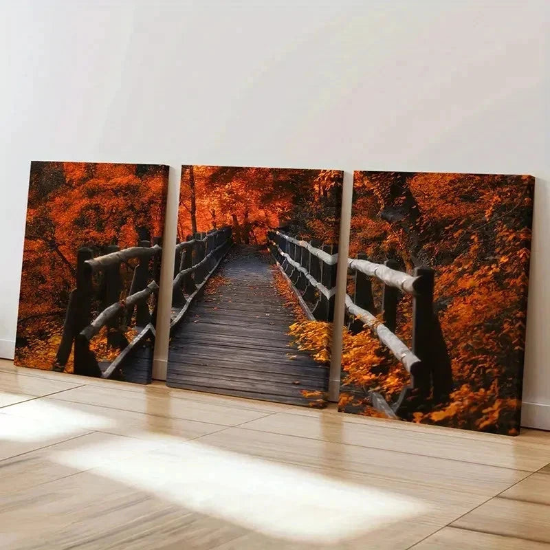 3pcs Vibrant Maple Leaf Bridge Scenery  Wall Art Set Canvas Framed 50x70cm - High Quality Print 100% Australian Made Wall Canvas Ready to Hang
