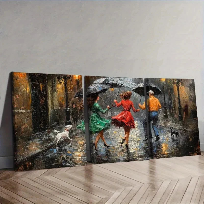 3pcs Dancing in the Rain" Scene Wall Art Set Canvas Framed 40x60cm - High Quality Print 100% Australian Made Wall Canvas Ready to Hang - Bella Home Decor
