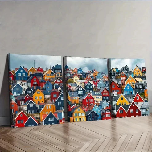 3pcs Colorful Houses Painting Decor Wall Art Set Canvas Unframed - High Quality Print 100% Australian Made Wall Canvas - Bella Home Decor