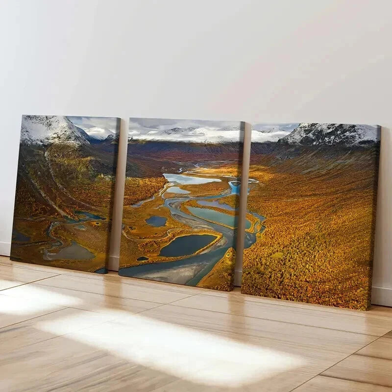 3pcs Mountain Valley & Autumn Lake Landscape Wall Art Set Canvas Framed 40x60cm - High Quality Print 100% Australian Made Wall Canvas Ready to Hang - Bella Home Decor