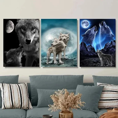 3pcs Moonlit Night Scene Stunning Wolf Wall Art Set Canvas Unframed - High Quality Print 100% Australian Made Wall Canvas