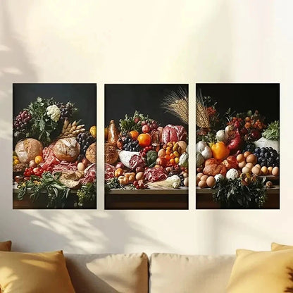 3pcs Table Full of Food, Artist Drawing Wall Art Set Canvas Framed 40x60cm - High Quality Print 100% Australian Made Wall Canvas Ready to Hang