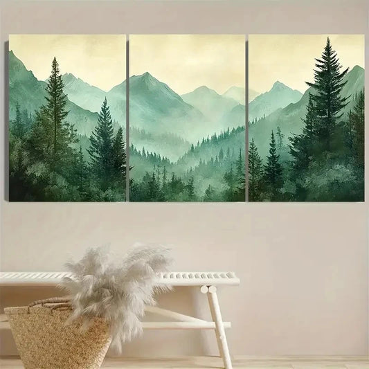 3pcs Green Forest Serenity with Mountain Wall Art Set Canvas Framed 60x90cm - High Quality Print 100% Australian Made Wall Canvas Ready to Hang