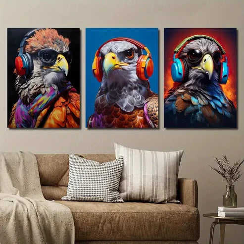 3pcs Vibrant Falcon with Headphones Wall Art Set Canvas Unframed - High Quality Print 100% Australian Made Wall Canvas
