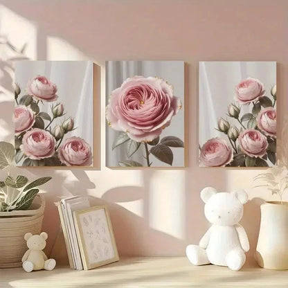 3pcs Pink Rose Golden Edged0 Floral Metal Print Ready to Hang Art