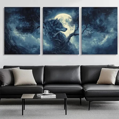 3pcs Majestic Wolf Under the Full Night Perfect Wall Art Set Canvas Unframed - High Quality Print 100% Australian Made Wall Canvas