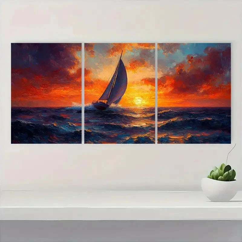 3pcs Sailing Boat Painting Sunset Seascape S   Wall Art Set Canvas Framed 60x90cm - High Quality Print 100% Australian Made Wall Canvas Ready to Hang