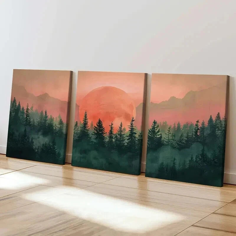 3pcs Sunset Forest Mountains Vintage Wall Art Set Canvas Framed 60x90cm - High Quality Print 100% Australian Made Wall Canvas Ready to Hang - Bella Home Decor