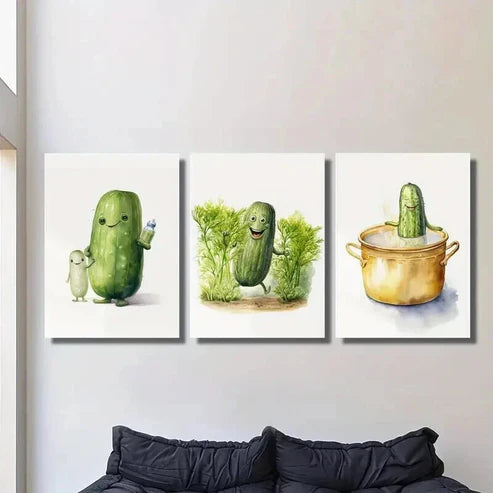 3pcs Cartoon Cucumber Watercolor Painting  Wall Art Set Canvas Unframed - High Quality Print 100% Australian Made Wall Canvas - Bella Home Decor