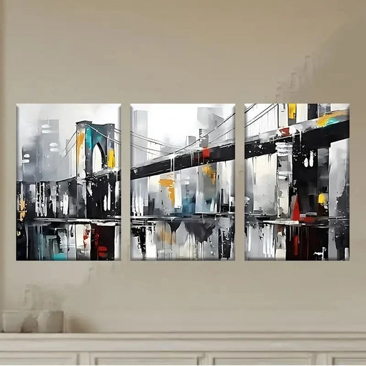 3pcs a painting of a cityscape with a bridge Wall Art Set Canvas Framed 60x90cm - High Quality Print 100% Australian Made Wall Canvas Ready to Hang