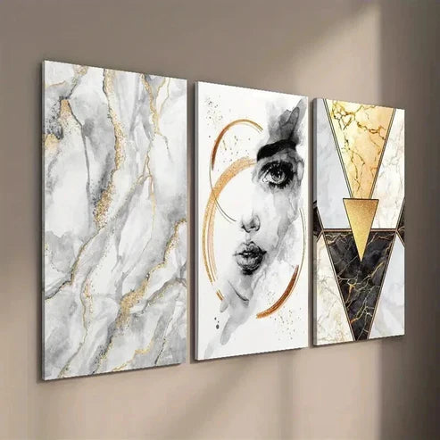 3pcs Beautiful Female Face Marble Texture Wall Art Set Canvas Unframed - High Quality Print 100% Australian Made Wall Canvas