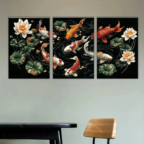 3pcs Vibrant Koi Fish & Lotus Flower Wall Art Set Canvas Unframed - High Quality Print 100% Australian Made Wall Canvas - Bella Home Decor